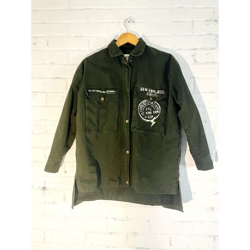 Forever 21 Olive Green Utility Jacket Womens Graphic Military Snap Front
